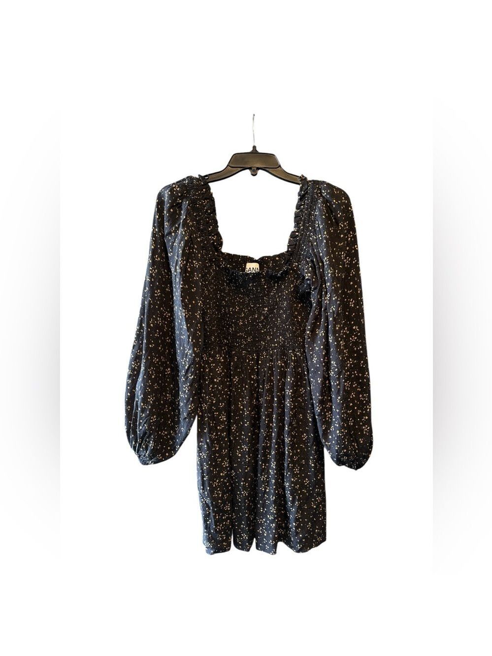 GANNI Floral Smocked Mini Dress Long Balloon Puff Sleeve Black Size 6 EUC - Picture 6 of 12